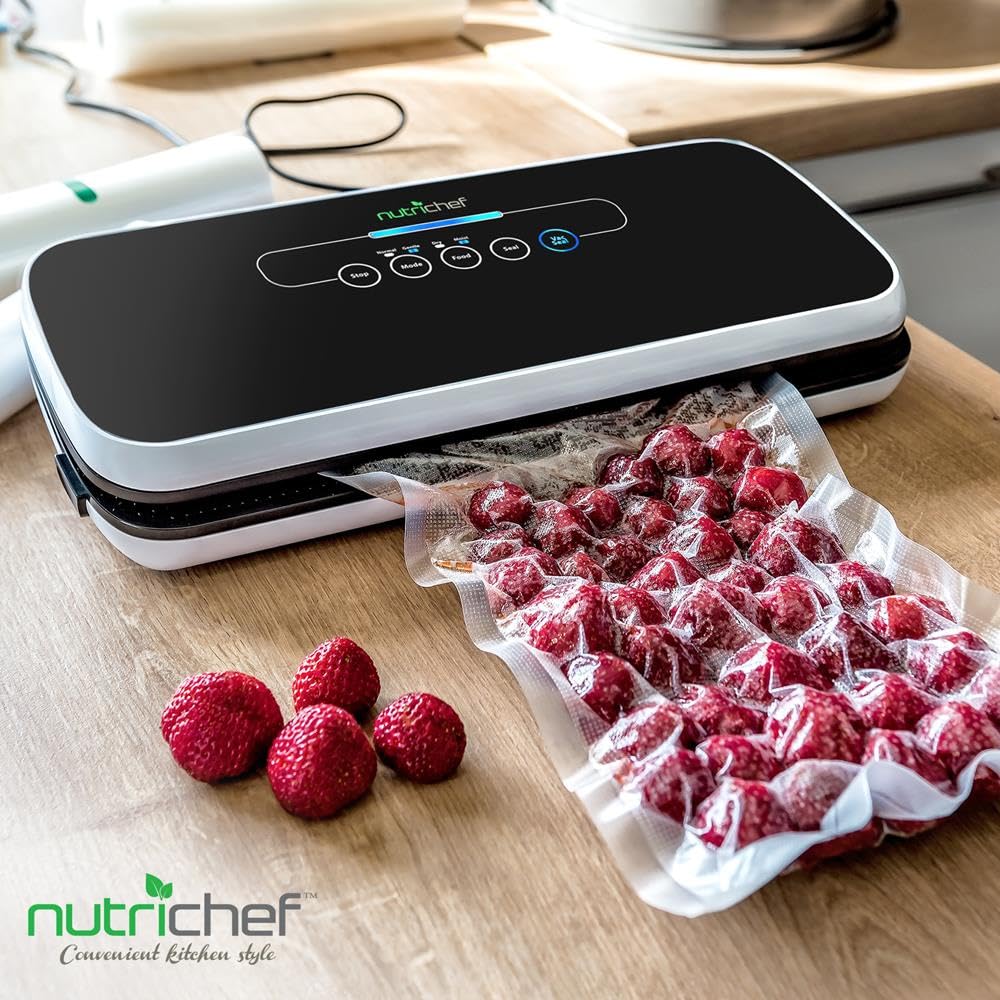 Автоматична вакуумна система запаювання повітрям NutriChef для зберігання продуктів зі стартовим комплектом, компактний дизайн, лабораторні випробування, режими сухої та вологої їжі зі світлодіодними індикаторами, чорний колір