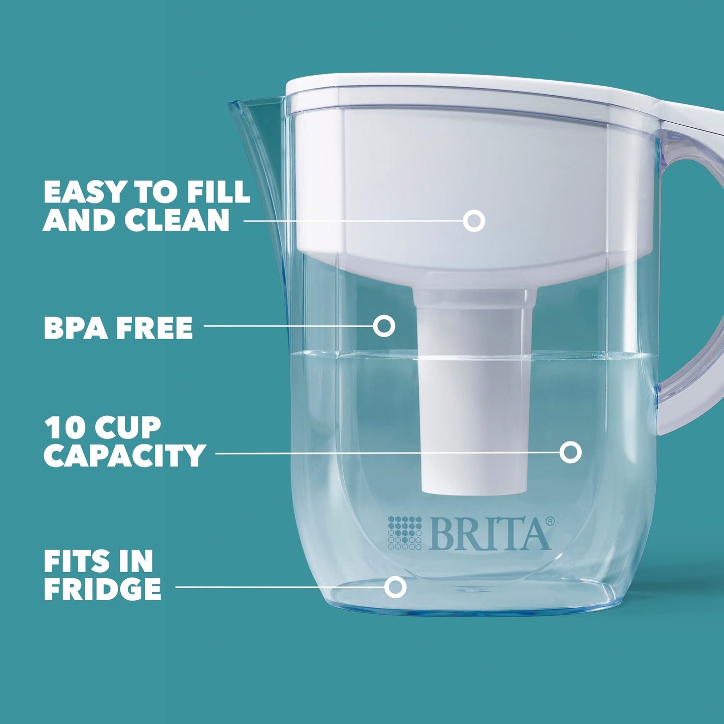 Brita Large Water Filter Pitcher with Standard Filter Replacements - 40 Gallons (2 Months) Filtration Capacity, Removes Chlorine Taste and Odor, Mercury, Copper