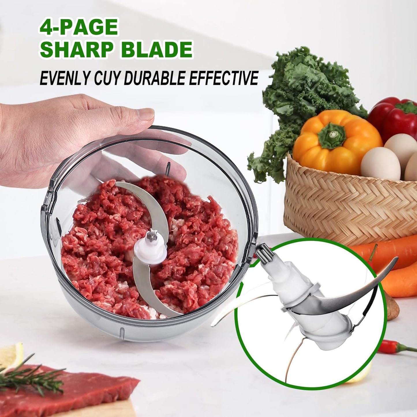 Mini Food Processors 4 Cup,Electric Food Chopper,Small Meat Grinder with 2 Bowls,2 Speed & 2 Different Function Blades for Vegetable, Meat, Nuts,Functions for Mincing, Dicing, Shredding,Slicing