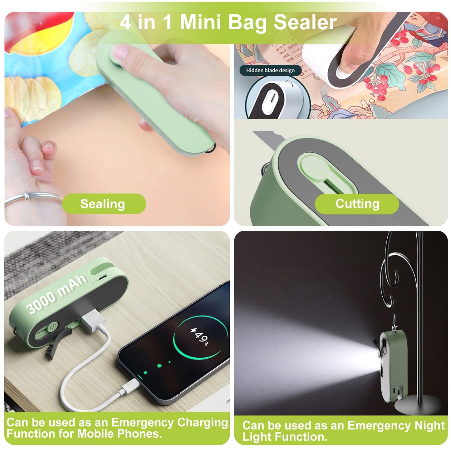 4 in 1 Mini Bag Sealer, Bag Sealer Heat Seal with Cutter, USB Rechargeable Chip Bag Sealer Heat Seal, Portable Bag Resealer for Plastic Bags Snacks & Food Storage,Green