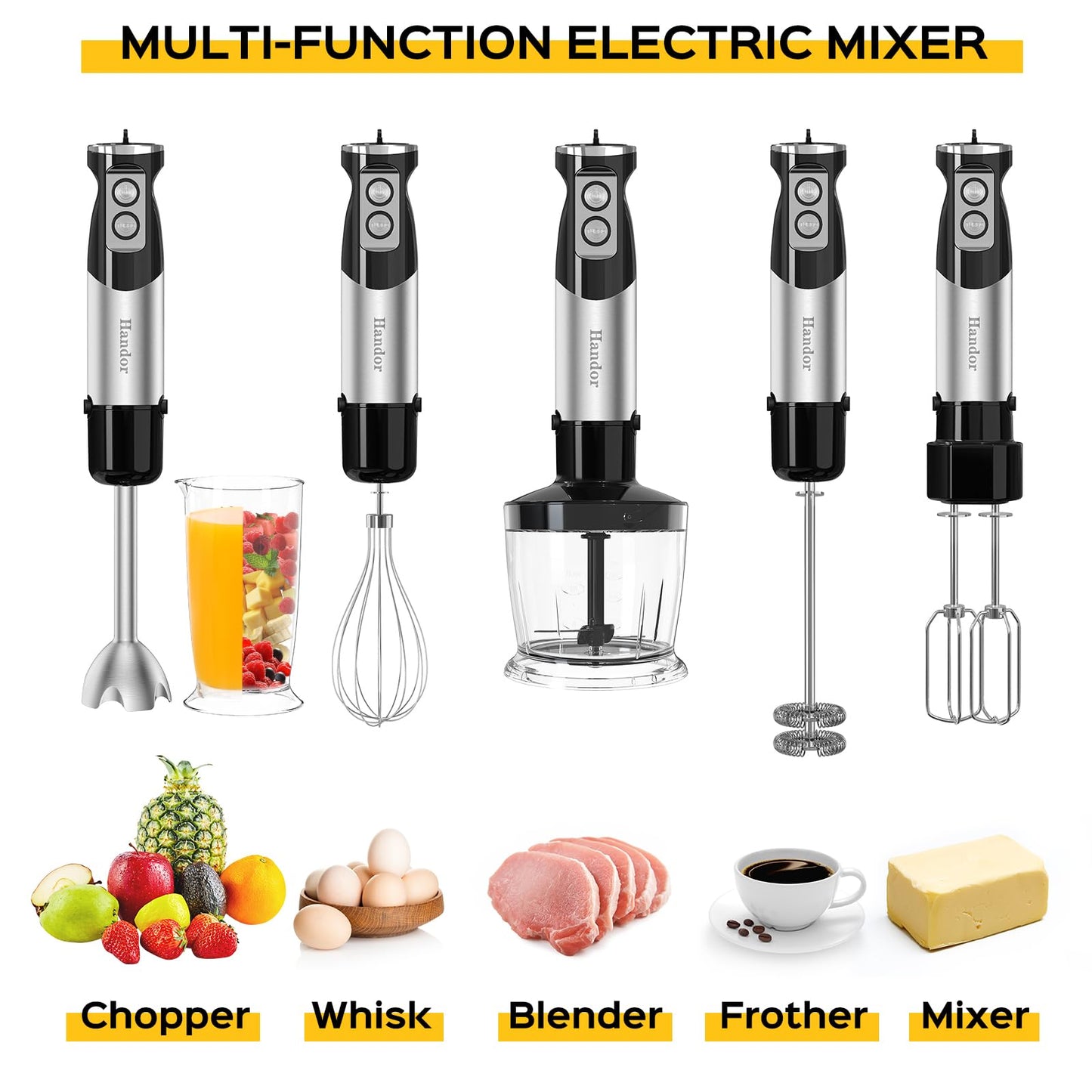 1000W 6-in-1 Immersion Blender Handheld, 12 Speed Hand Blender with 600ml Mixing Beaker, 500ml Chopper, 304 Stainless Steel Blades, Whisk, Milk Frother For Soup, Smoothie, Sauce, Pureel