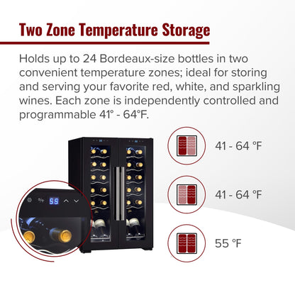 Wine Enthusiast 24-Bottle French Door Dual-Zone Compressor Wine Cooler - Freestanding Wine Refrigerator with Split Storage & 41-64°F Temperature, 2 Glass Pane Doors & Touchscreen LED Controls