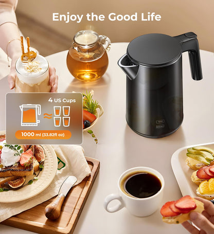 Electric Kettle, Double Wall Stainless Steel Cool Touch Water Boiler Heater, 7 Temperature Control Teapot, 4H Keep Warm, 1.0L 1200W Fast Heat with Auto Shut-Off, Boil-Dry Proof Coffee Tea Pot, Black