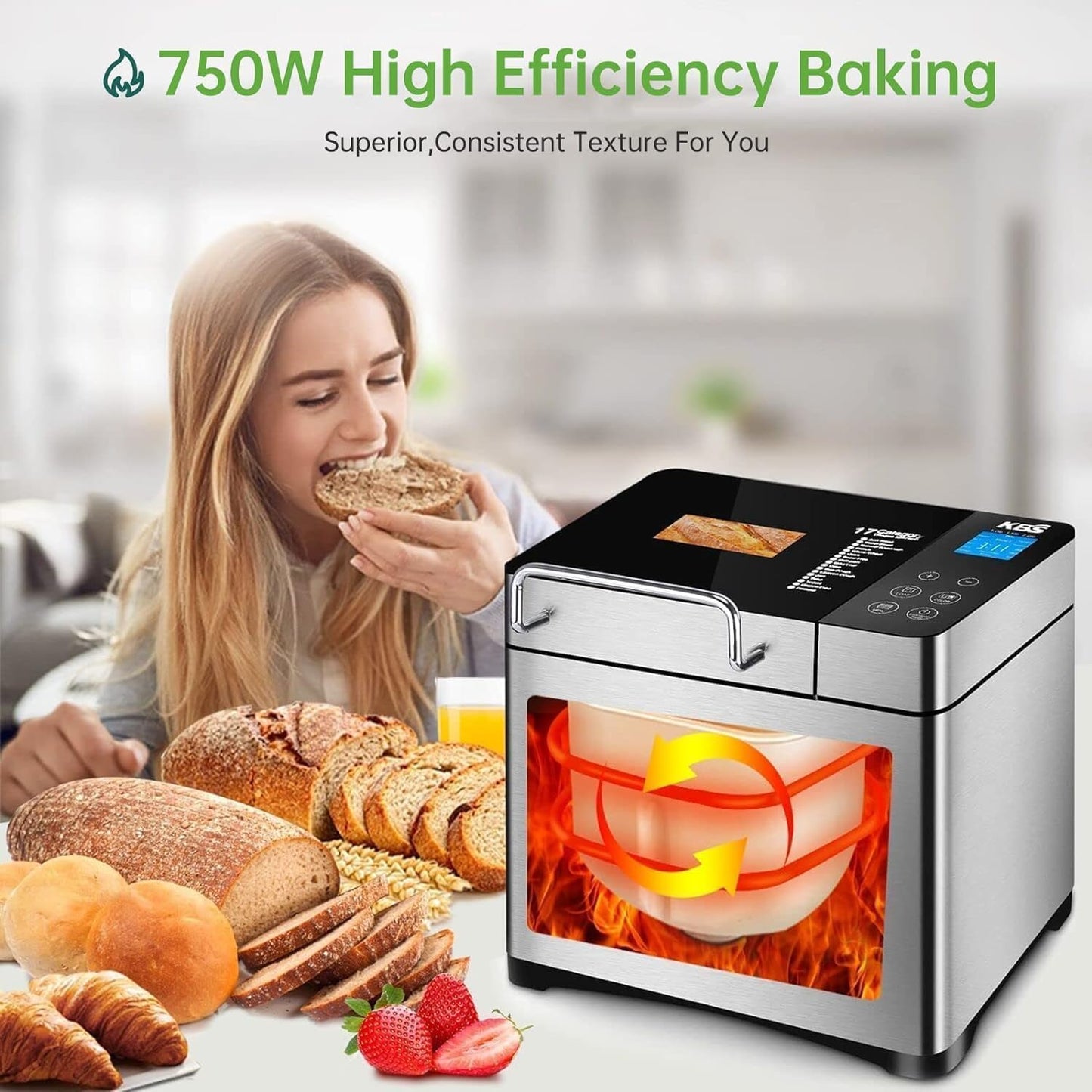 KBS Pro Stainless Steel Bread Machine, 2LB 17-in-1 Programmable XL Bread Maker with Fruit Nut Dispenser, Nonstick Ceramic Pan& Digital Touch Panel, 3 Loaf Sizes 3 Crust Colors, Reserve& Keep Warm Set