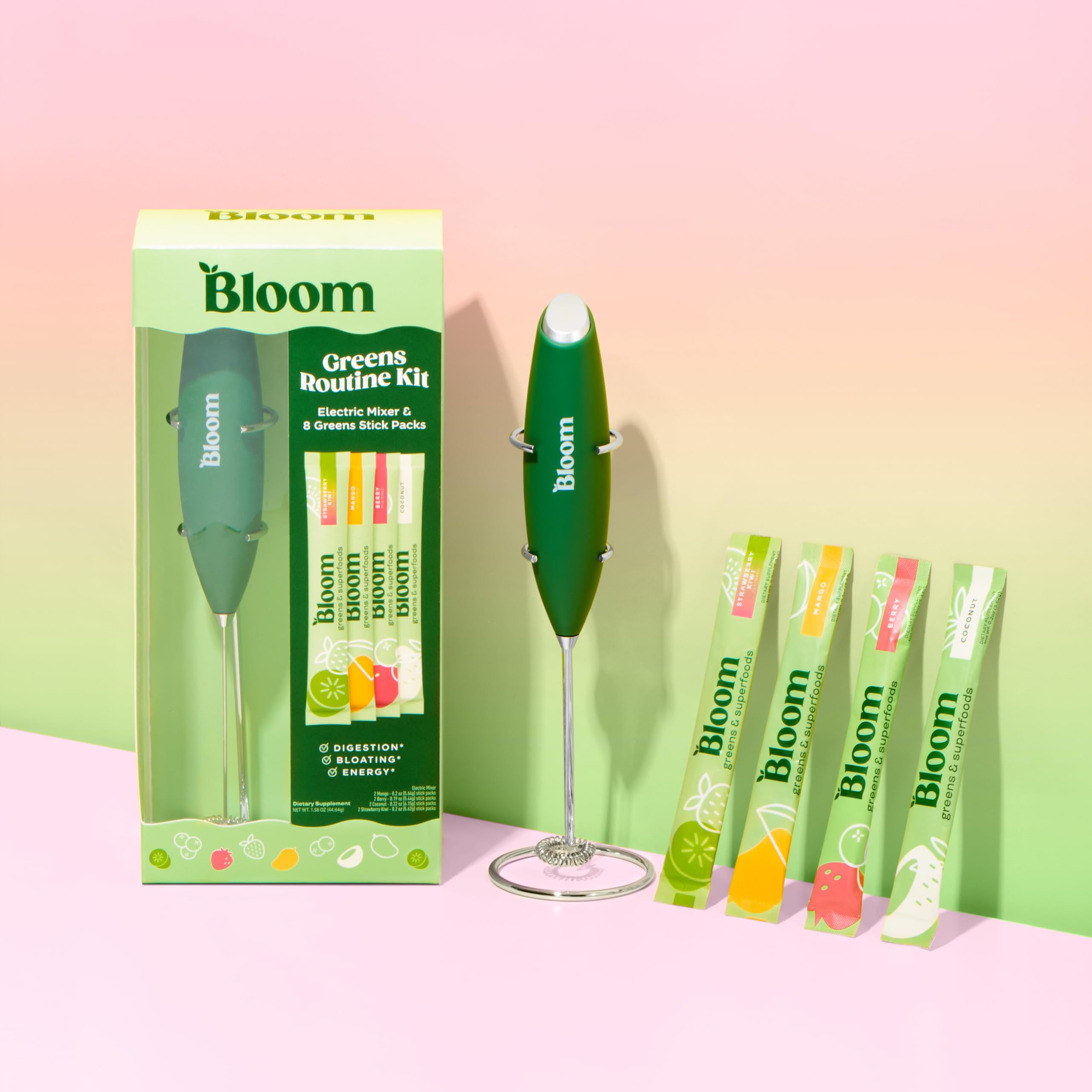 Mikser ręczny Bloom Nutrition Electric i 8 saszetek Super Greens Powder Sticks