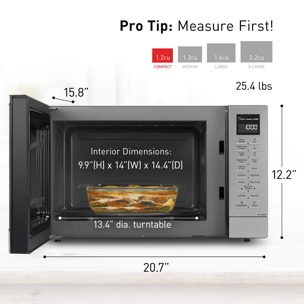 Panasonic NN-SN68KS Kompaktowy Kuchenka Mikrofalowa o Mocy 1200 W, Gotowanie z Czujnikiem, Przycisk Popcornu, Szybkie 30 Sekund i Turbo Rozmrażanie, 1.2 cu.ft, Stal Nierdzewna