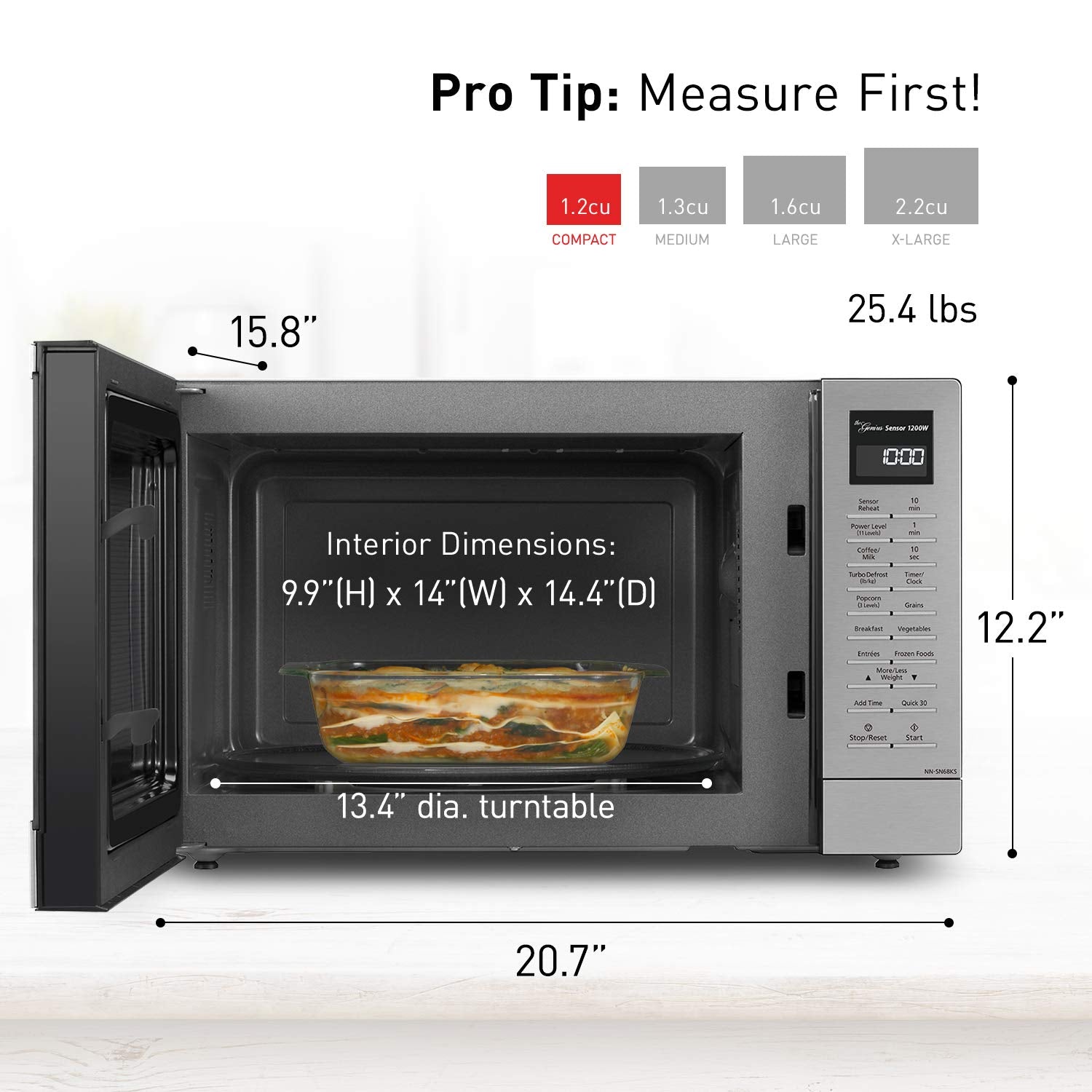 Panasonic NN-SN68KS Kompaktowy Kuchenka Mikrofalowa o Mocy 1200 W, Gotowanie z Czujnikiem, Przycisk Popcornu, Szybkie 30 Sekund i Turbo Rozmrażanie, 1.2 cu.ft, Stal Nierdzewna