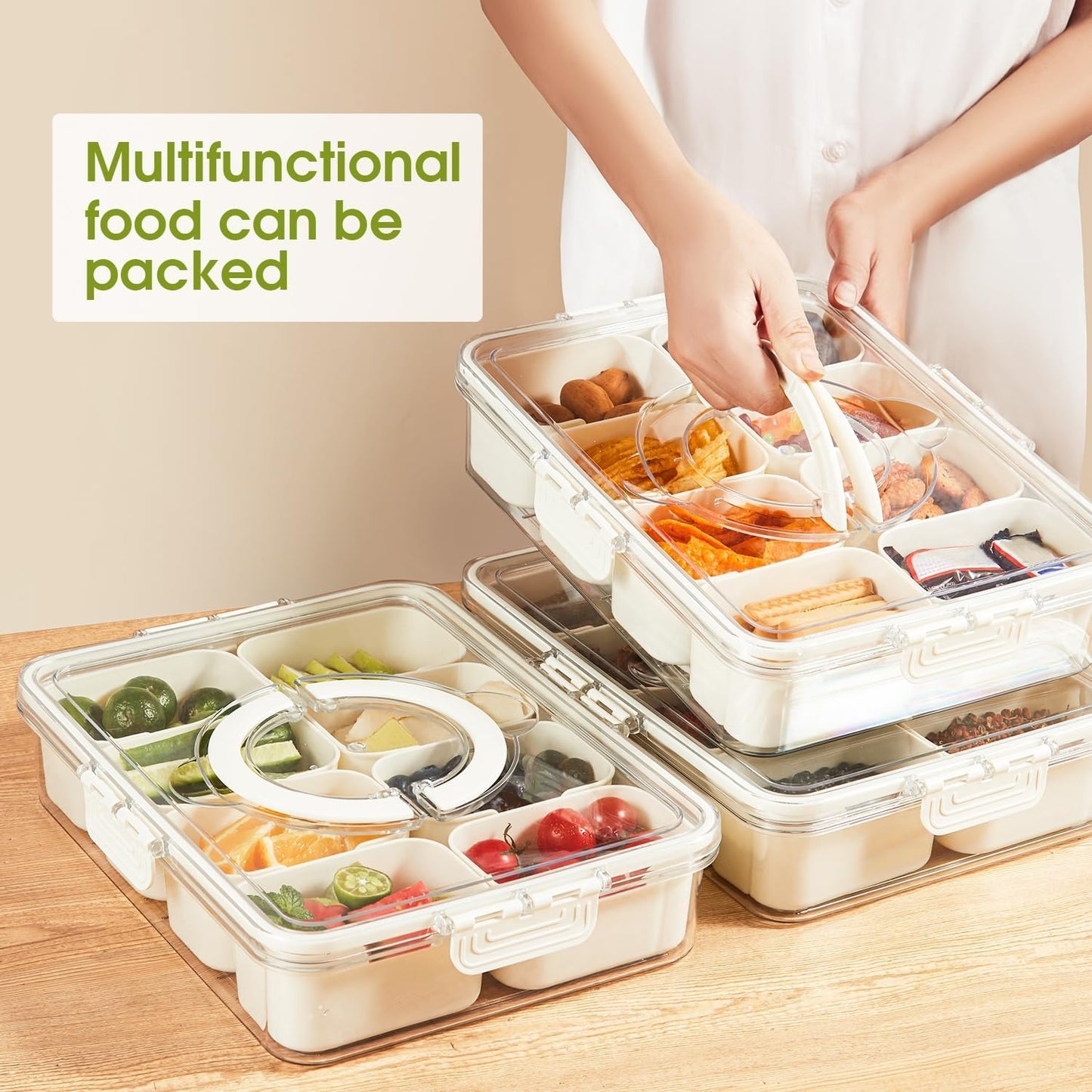 Snackle Box Container Divided Serving Platters with Lid and Handle Divided Snackle for Portable Snack Box Container Tray Perfect for Candy Fruit and Treats