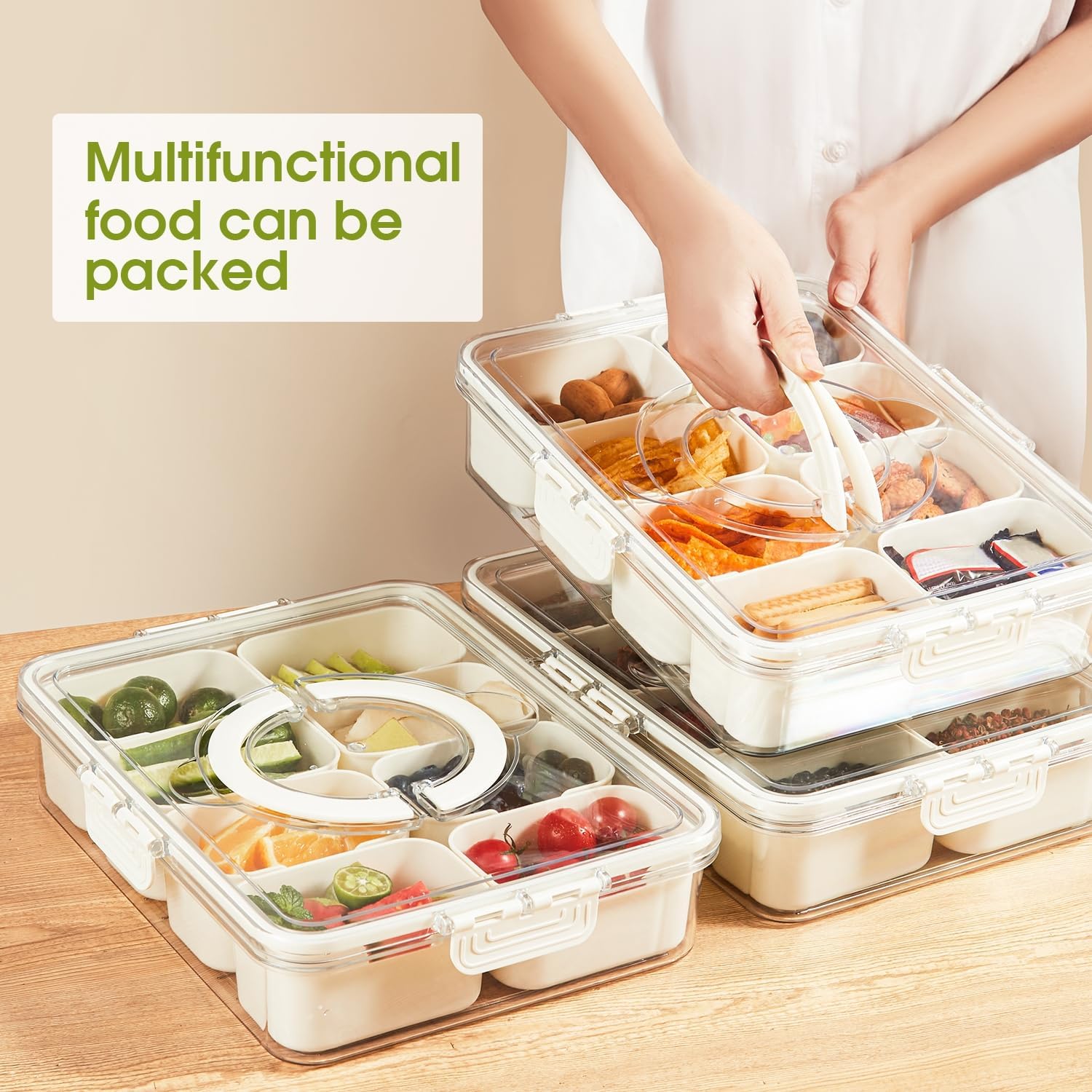 Snackle Box Container Divided Serving Platters with Lid and Handle Divided Snackle for Portable Snack Box Container Tray Perfect for Candy Fruit and Treats