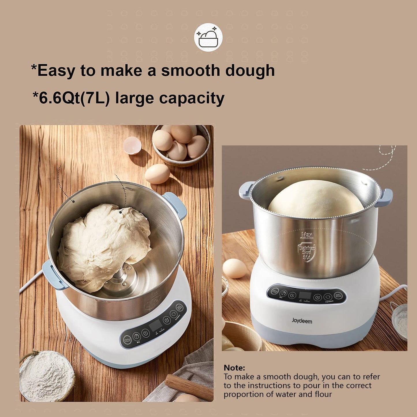 Joydeem Electric Dough Maker with Ferment Function, Microcomputer Timing, Face-up Touch Panel, 6.6Qt, 304 Stainless Steel, JD-HMJ7L