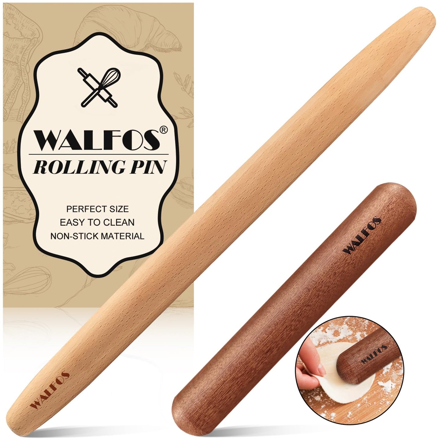 Walfos Marble Rolling Pin With Wooden Handles & Wood Cradle, 16.5 Inch Marble Rolling Pins For Making Pizza Dough And Tortillas, Dough Roller For Pie Crust, Cookie, Pasta (Gray & White)