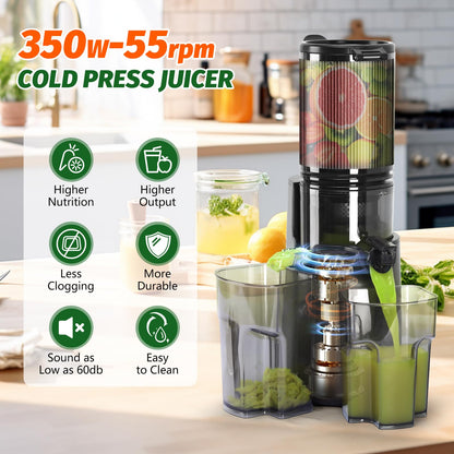 Cold Press Juicer, Masticating Juicer with 5.4" Wide Feed Chute, 350w Slow Juicer Machines Fit Whole Vegetables and Fruits,Juice Extractor Machine with High Juice Yield, Easy to Clean(Black)