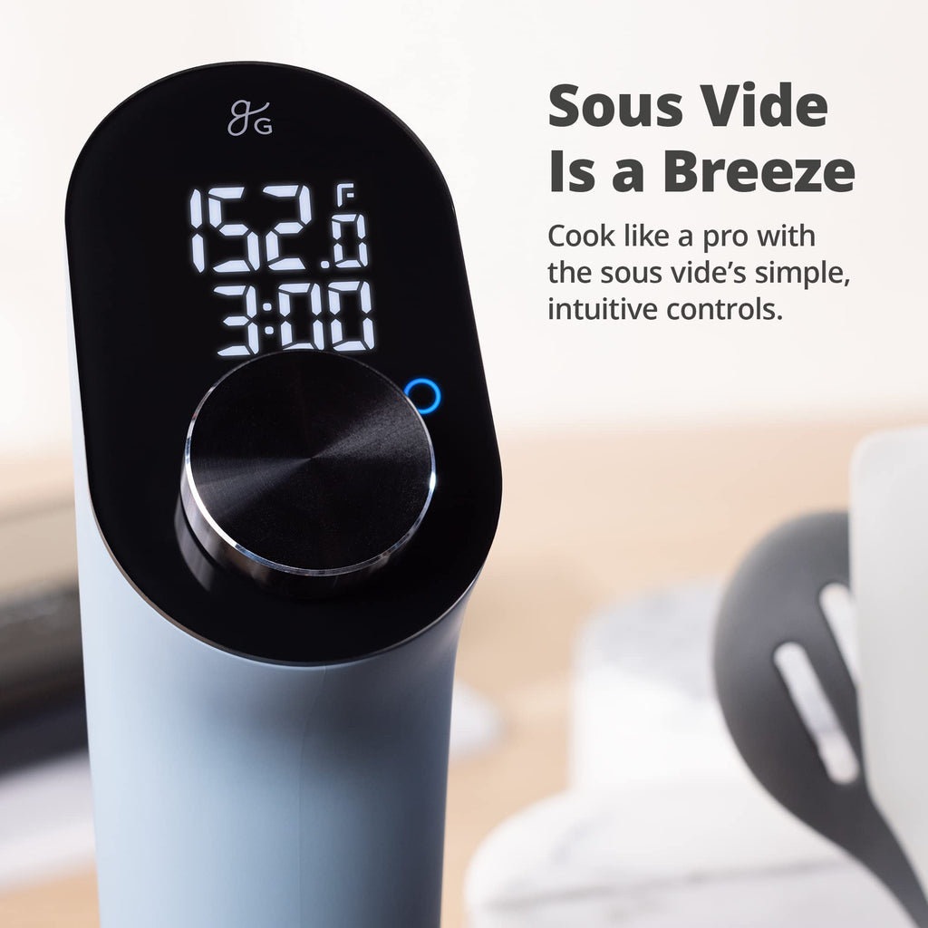 Zestaw Greater Goods Pro Sous Vide – 1100-watowy, wydajny, precyzyjny garnek do gotowania Sous Vide i wysokiej jakości plastikowy pojemnik z rusztem do gotowania Sous Vide, pokrywką i rękawem, zaprojektowany w St. Louis, (kamienny niebieski)