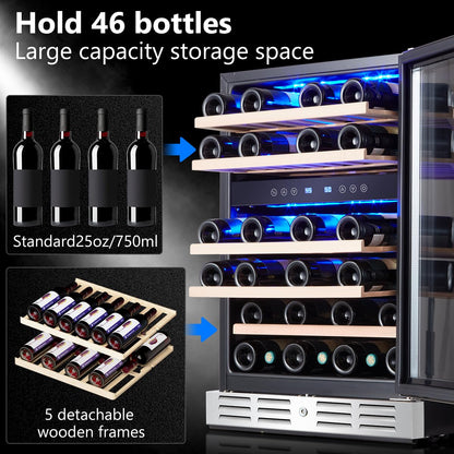 Kalamera 24 inch Wine Cooler, 46 Bottle - Dual Zone Built-in or Freestanding Fridge with Stainless Steel Reversible Glass Door, for Home, Kitchen, or Office.