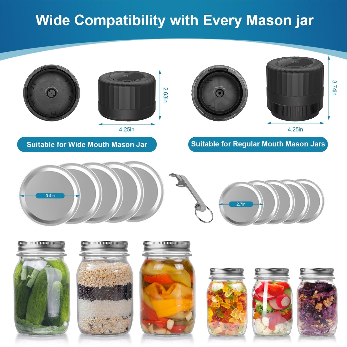 Electric-Mason-Jar-Vacuum-Sealer, Automatic Wide Mouth and Regular Mouth Mason Jar Vacuum Sealer Kit, VP06+ Vacuum Sealer for Jars with Opener & 5 Pairs of Lids