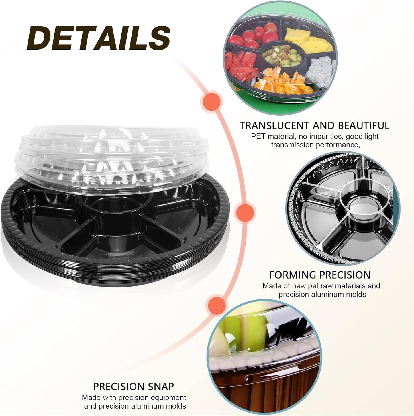 mwellewm 10 Pcs Round Plastic Appetizer Tray with Lid Divided Serving Tray, Disposable Food Storage Containers, Kids Snack, Fruit Platter Vegetable Trays for Party and Buffet