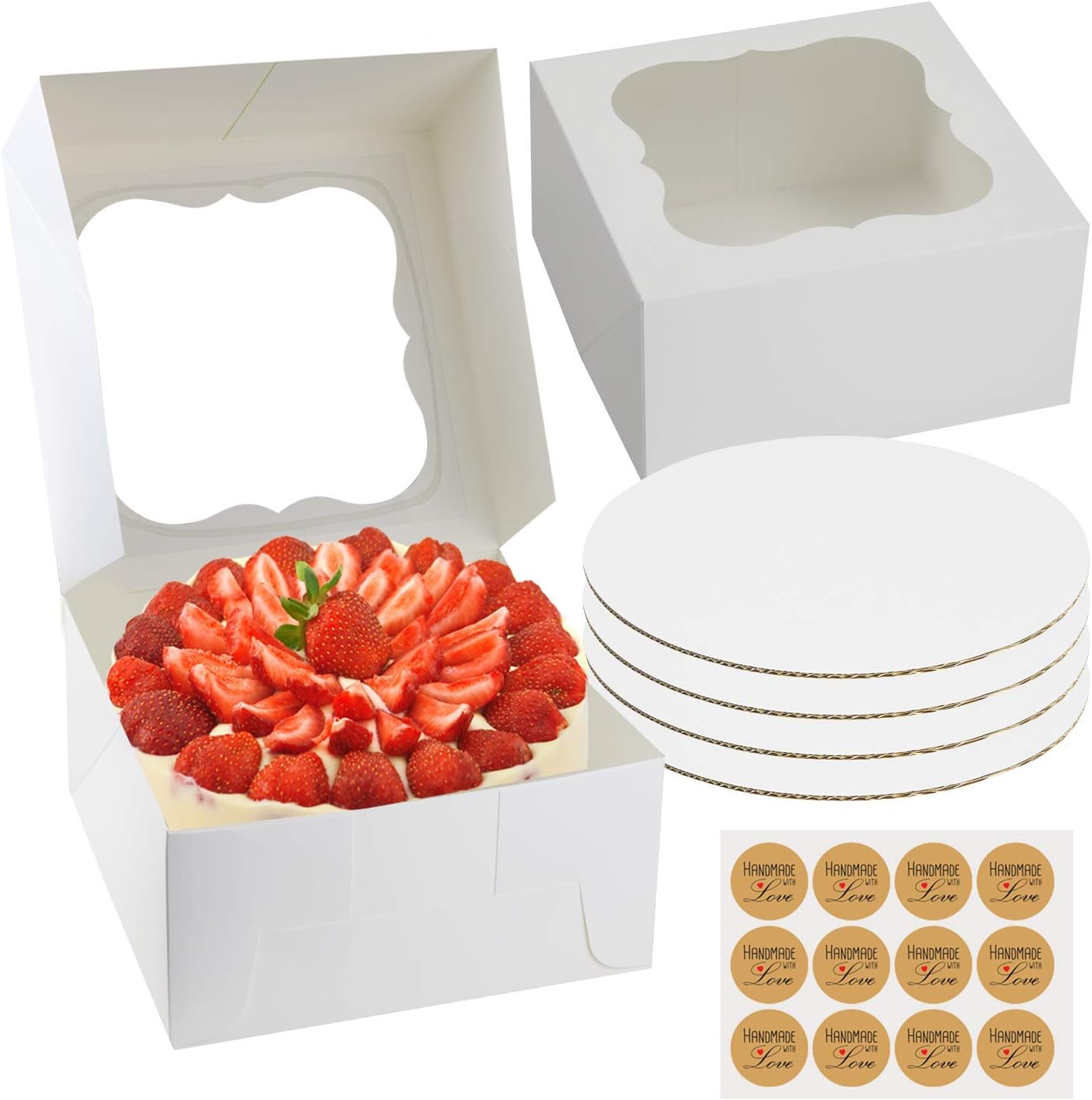 SELMY CAKE BOXES 10 inch Cake Box with Boards and Stickers [12-Pack] Cake Box with Window White Cake Boxes 10x10x5