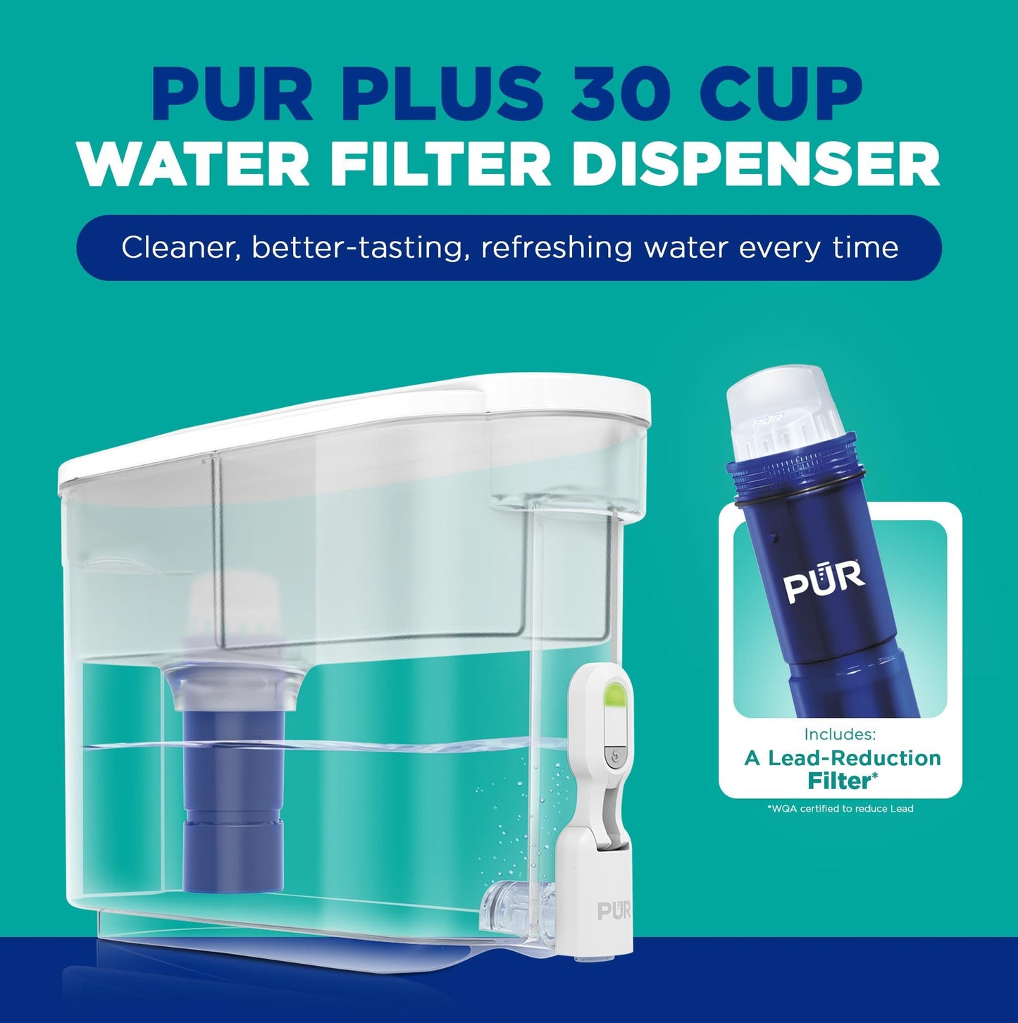 PUR PLUS 30-Cup Water Filter Dispenser with 1 Lead-Reducing PUR PLUS Filter, Dishwasher Safe, Powerful Filtration, Large Capacity with Slim, Space-Saving Design, White (DS1811Z)