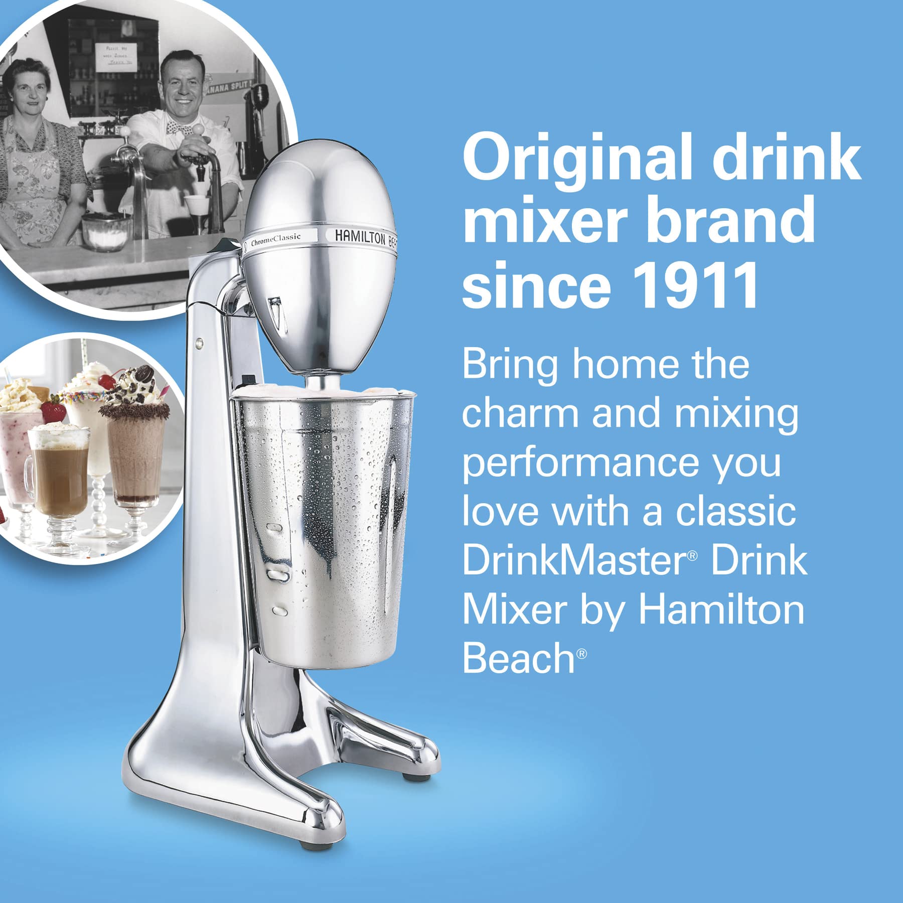 Hamilton Beach DrinkMaster elektryczny mikser do napojów, retro shake i spieniacz do mleka, 2 prędkości, bardzo duży kubek ze stali nierdzewnej o pojemności 28 uncji, klasyczny chrom
