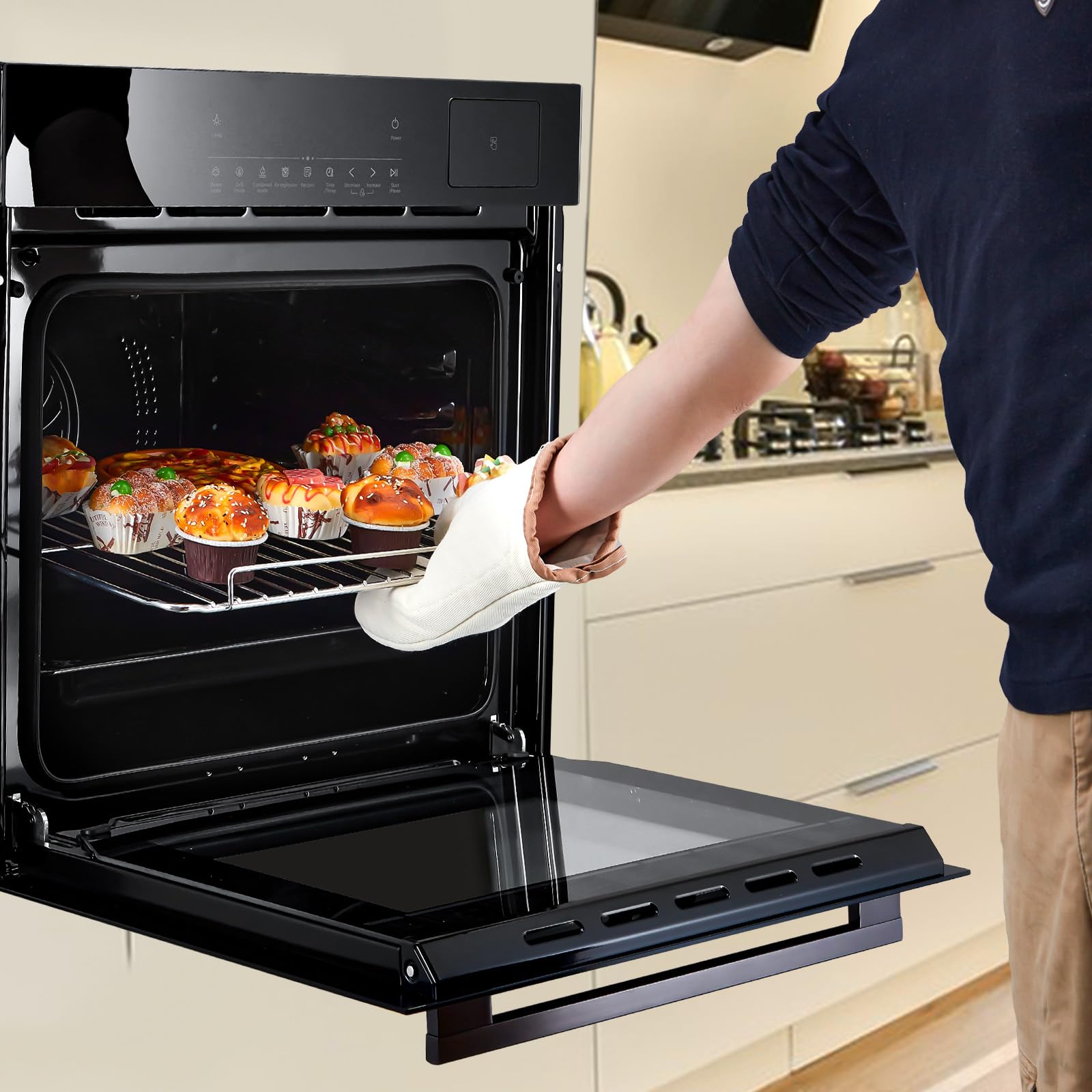 Piekarnik ścienny 24", wbudowany piekarnik elektryczny z 5 automatycznymi przepisami, 3000 W, 2,5 CF konwekcyjny, funkcja pary i smażenia na powietrzu, stal nierdzewna, sterowanie dotykowe, timer, blokada bezpieczeństwa