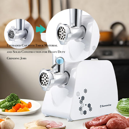 Sunmile Electric Meat Grinder and Sausage Maker - 1HP 1000W Max - Stainless Steel Cutting Blade and 3 Grinding Plates,1 Big Sausage Staff Maker, White