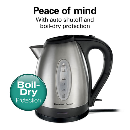 Hamilton Beach Electric Tea Kettle, Water Boiler & Heater, 1.7 Liter, Cordless Serving, 1500 Watts for Fast Boiling, Auto-Shutoff and Boil-Dry Protection, Stainless Steel (40880)