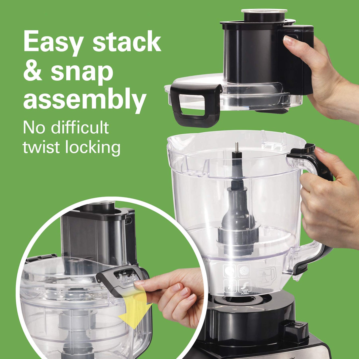 Hamilton Beach Stack & Snap Food Processor and Vegetable Chopper, BPA Free, Stainless Steel Blades, 14 Cup + 4-Cup Mini Bowls, 3-Speed 500 Watt Motor, Black (70585)