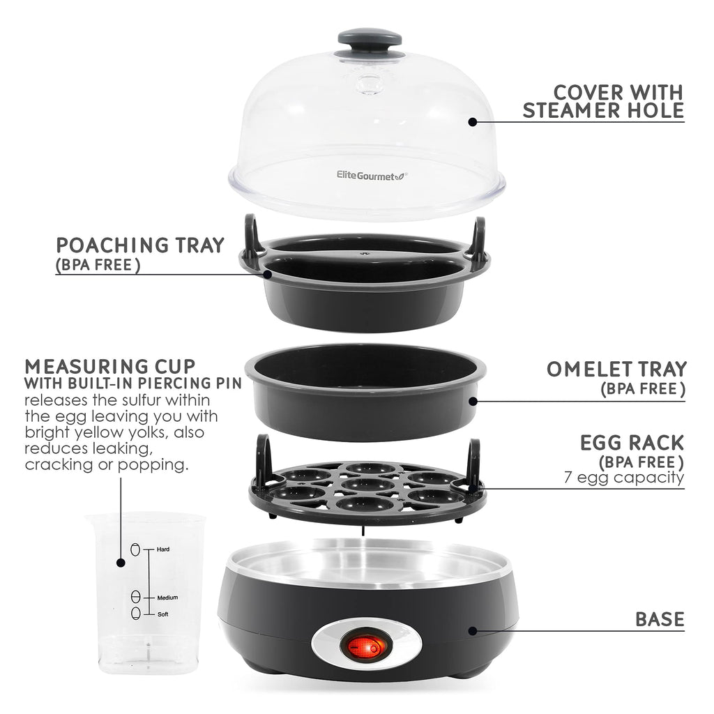 Elite Gourmet EGC007CHC# Швидковарна яєчня, 7 легко очищуваних, зварених твердих, середніх та некрутих яєць, поачер, омлетниця, автоматичне вимкнення, сигналізація, буклет з 16 рецептами, темно-сірий колір