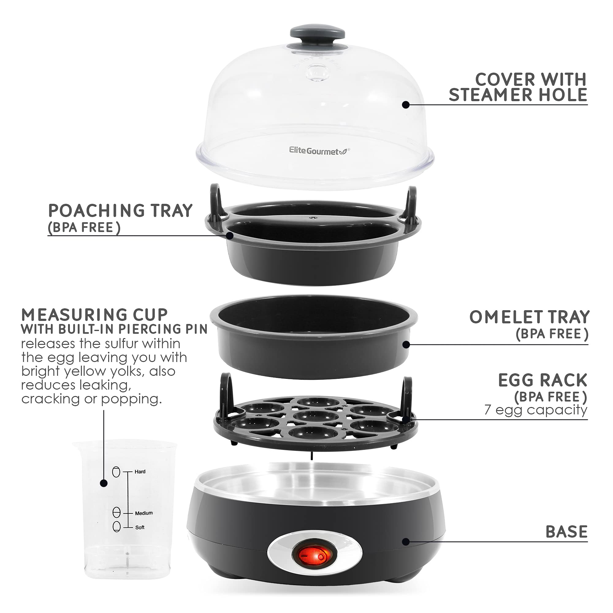Elite Gourmet EGC007CHC# Швидковарна яєчня, 7 легко очищуваних, зварених твердих, середніх та некрутих яєць, поачер, омлетниця, автоматичне вимкнення, сигналізація, буклет з 16 рецептами, темно-сірий колір