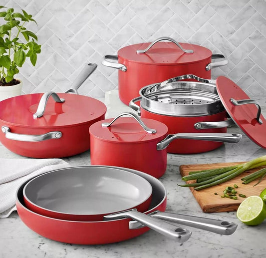 Member Mark 11 Piece Modern Ceramic Cookware Set With Smart Kitchen Tools Set (Assorted Colors) (Red)