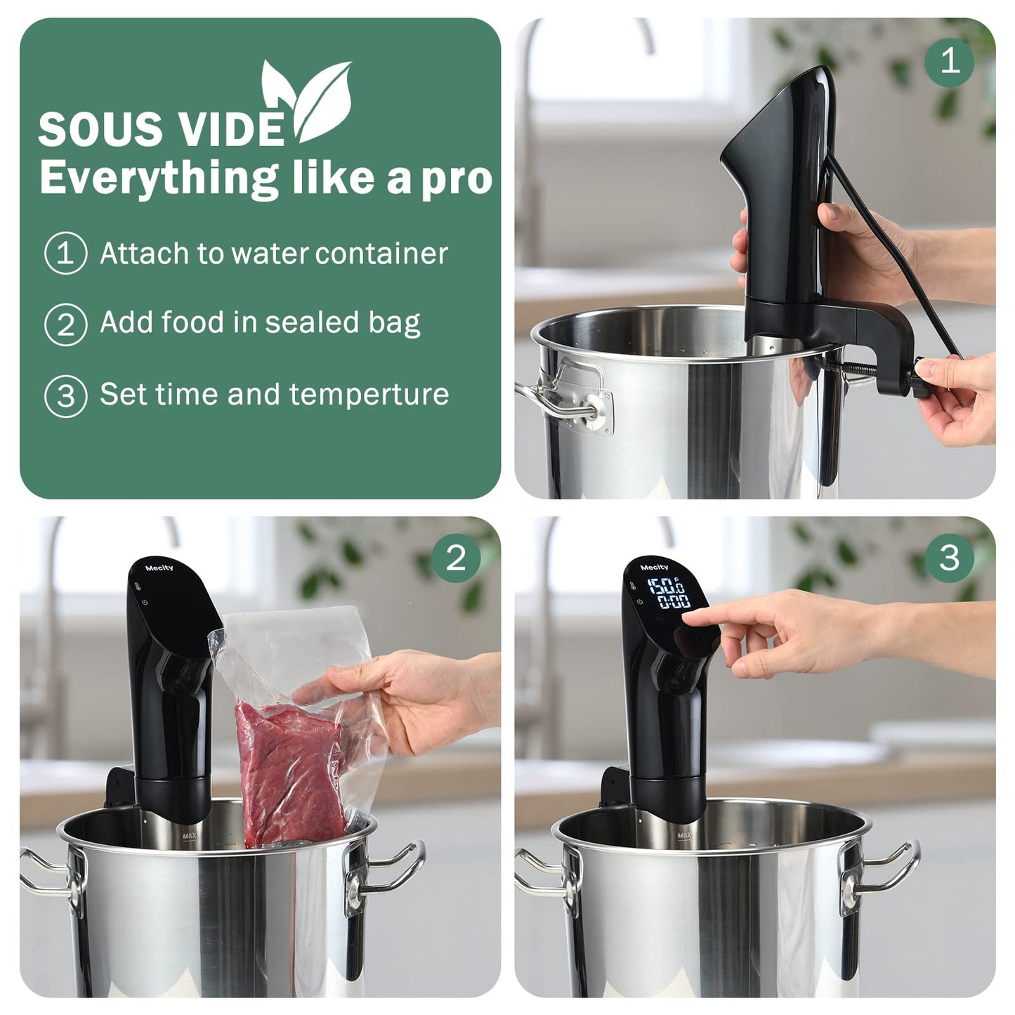 Mecity Sous Vide Precision Cooker Machine 1100W Water Bath Cooking Steak Vegetable Meat Fish 0.5 Degrees Accuracy Immersion Circulator with Recipes