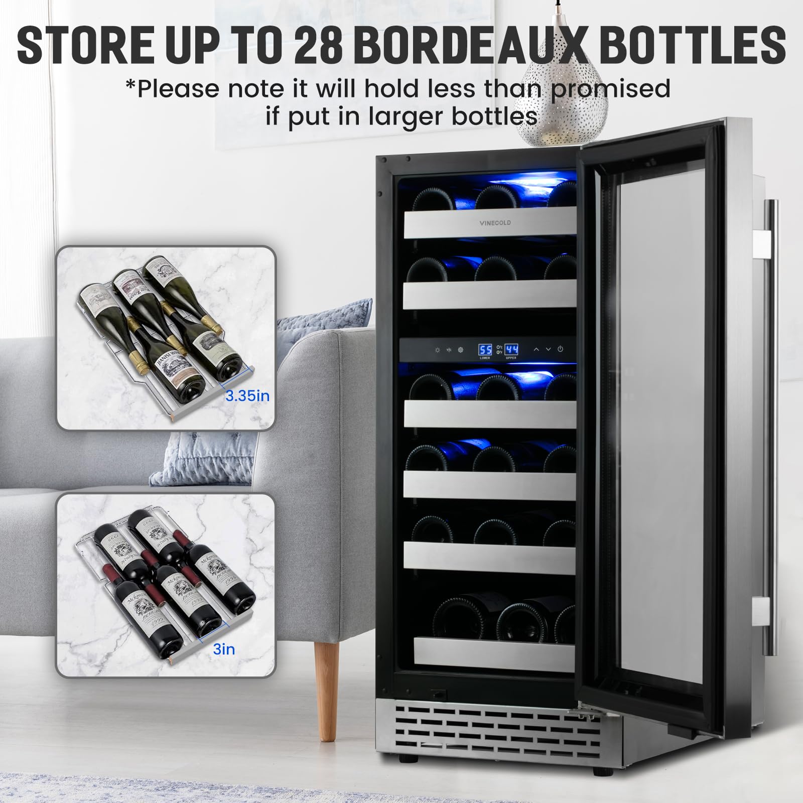 VINECOLD 15 Inch Wine Fridge Under Counter, Dual Zone 28 Bottle Wine Cooler Refrigerator, Seamless Reversible Door,New Upgrade Built-in/Freestanding Wine Cooler for Home and Kitchen