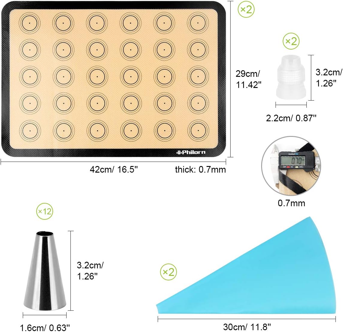 Philorn Silicone Baking Mat Set, 16.5" x 11.42" Macaron Mat, Non-Stick With Tools, 2 Pack Food Safe, Reusable for Oven, Cookie, Bread