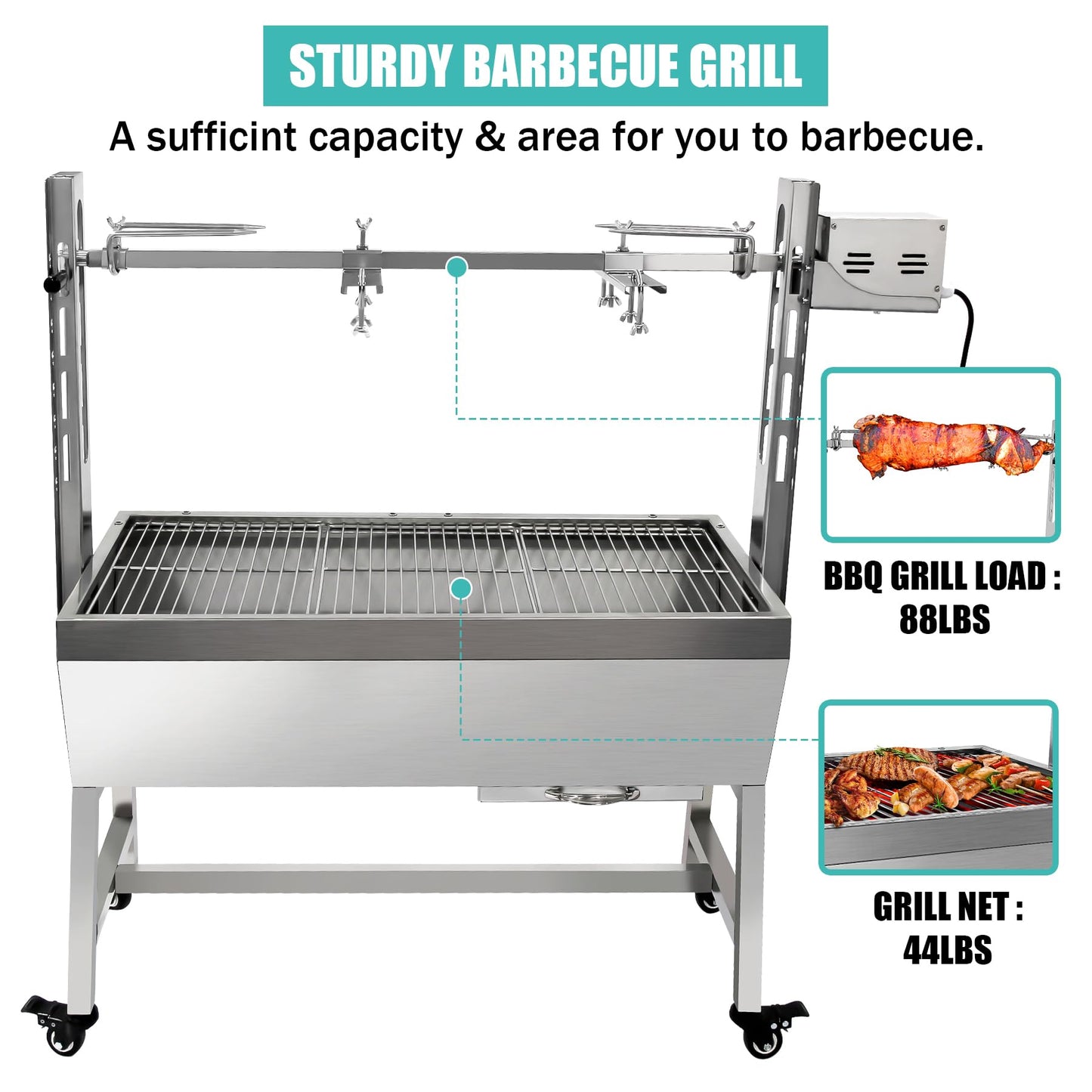 132 LBS Rotisserie Grill Stainless Steel Charcoal Spit Roaster, 37" Pig Lamb Hooded Roaster Charcoal Spit With 25W Motor & Adjustable Height Lockable Casters For Outdoor Party Barbecue