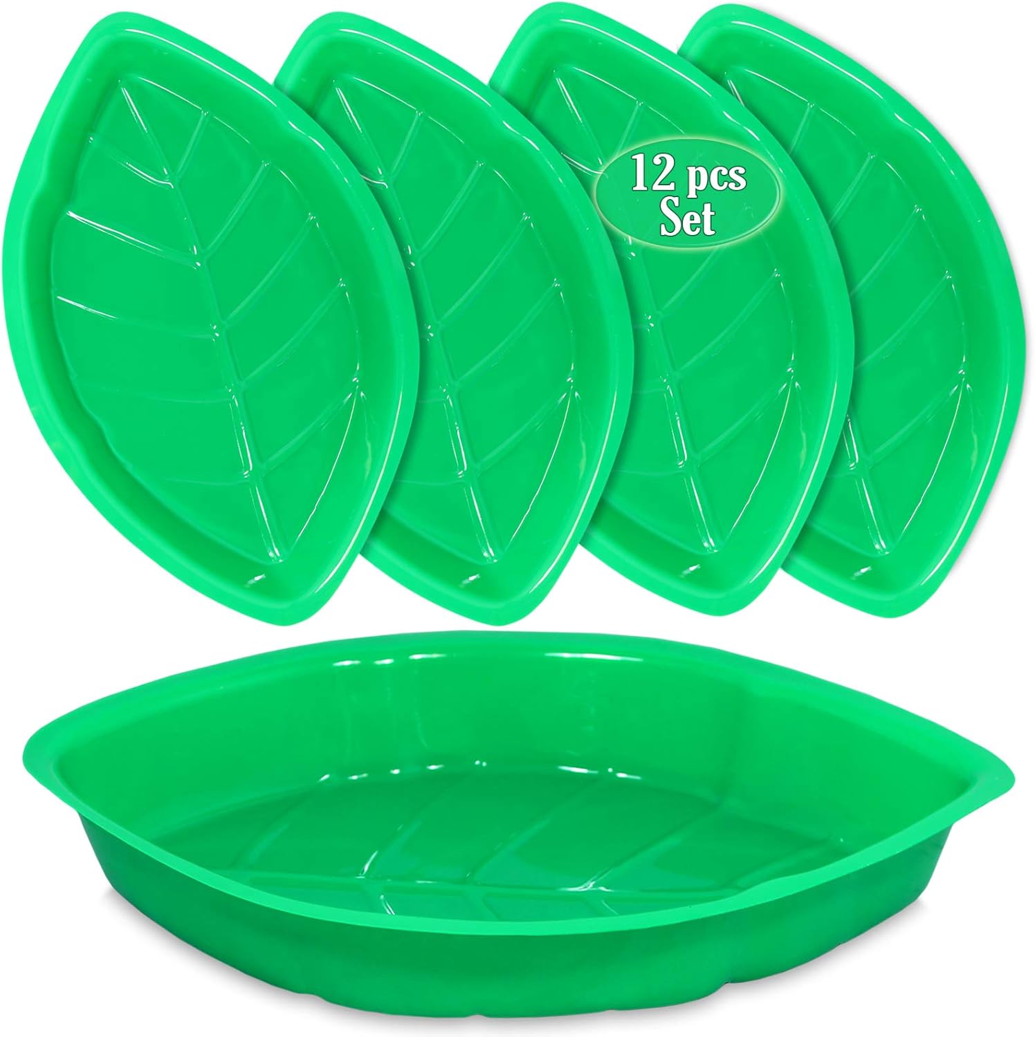 Palm Leaf Serving Trays | 12 Pcs Green Plastic Hawaiian Snack Trays | Luau Party Decorations Serveware | Tropical Party Serving Platter | BBQ, Summer, Beach, Island, Jungle Serving Tray | By Anapoliz