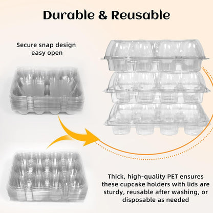 12 Count x 12 Sets Plastic Cupcake Containers, Durable and BPA-Free Cupcake Holder with Lid for Easy Transport Storage, Stackable Clear Cupcake Carriers, Reusable Dessert Boxes