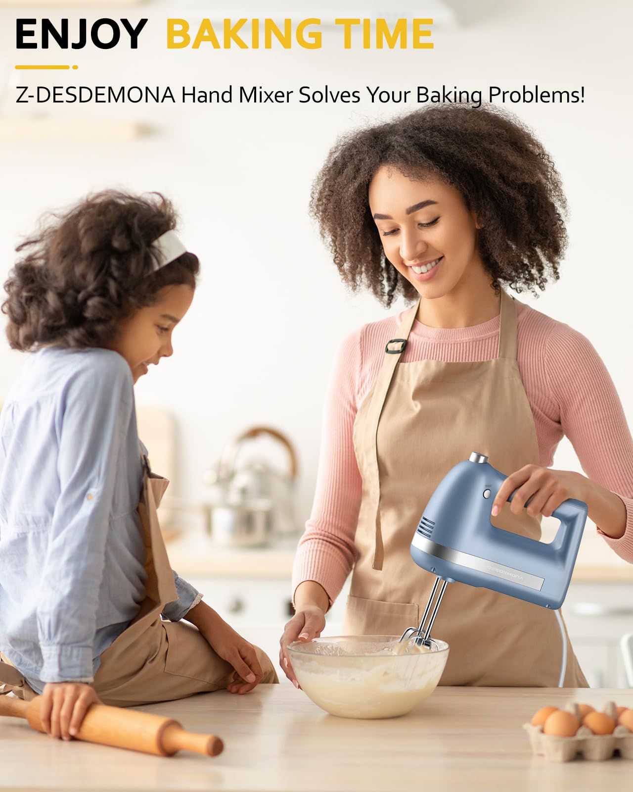 Z-DESDEMONA Electric Hand Mixer, Powerful 300W Hand Mixer Electric Handheld with 304 Beaters, Dough Hook, Hand Held Mixer with Turbo for Baking Cakes, Eggs, Cream Food(Blue)