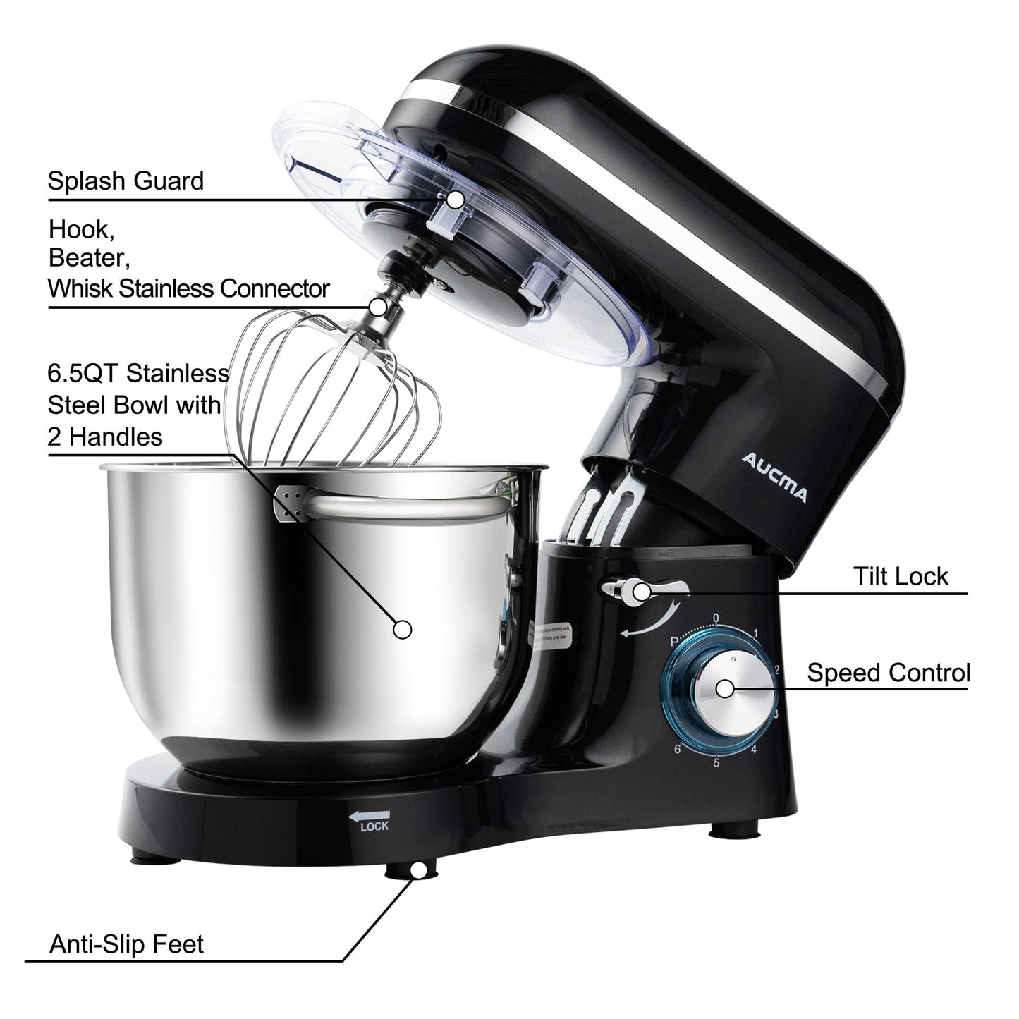 Aucma Stand Mixer,6.5-QT 660W 6-Speed Tilt-Head Food Mixer, Kitchen Electric Mixer with Dough Hook, Wire Whip & Beater (6.5QT, Black)