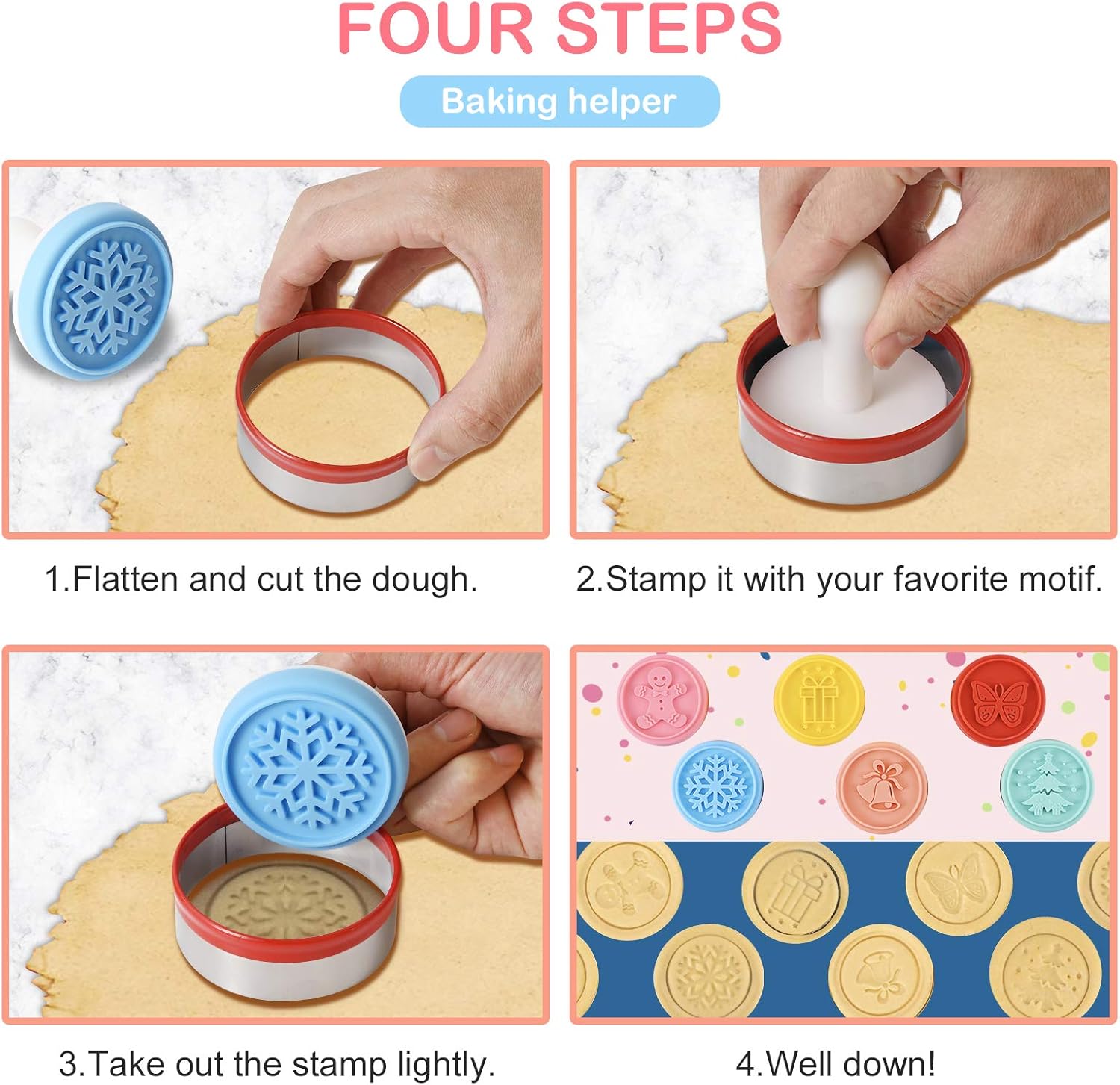 Cookie Stamp-a Set of 6 Colorful Silicone Cookie Stamp Press, Ring Cutter and Handle for Christmas and Daily Baking