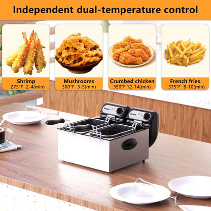 3000W Commercial Electric Deep Fryer With Baskets & Lids,2x3L Stainless Steel Double Deep Fryer,Small Deep Fryer With Basket,Temperature Control,Overheat Protection