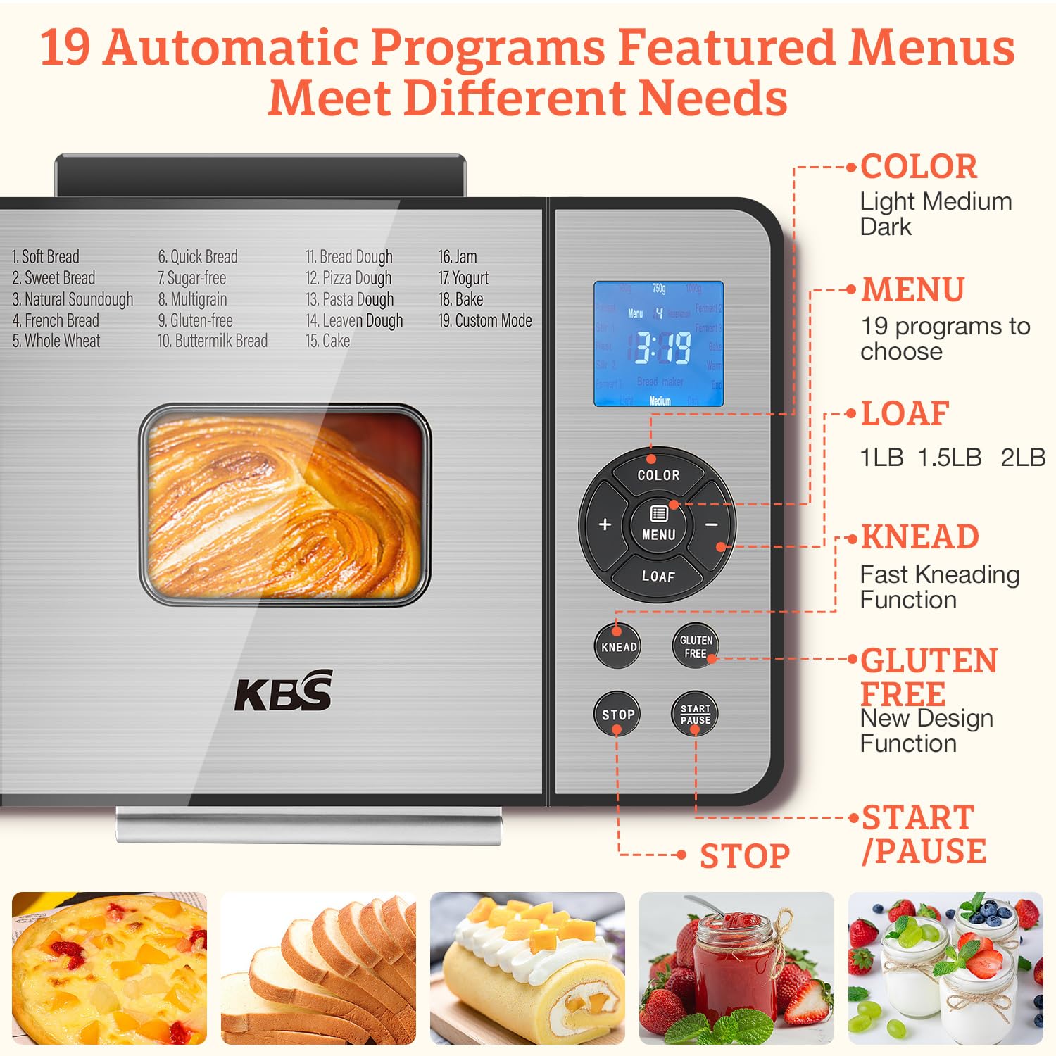 Automat do pieczenia chleba KBS 2LB, 19 w 1, stal nierdzewna, z ceramiczną patelnią, timerem 15 godz. i funkcją podtrzymywania ciepła 1 godz., chleb na zakwasie, bezglutenowy, o mocy 650 W, 3 rozmiary bochenków, 3 kolory skórki, przepisy