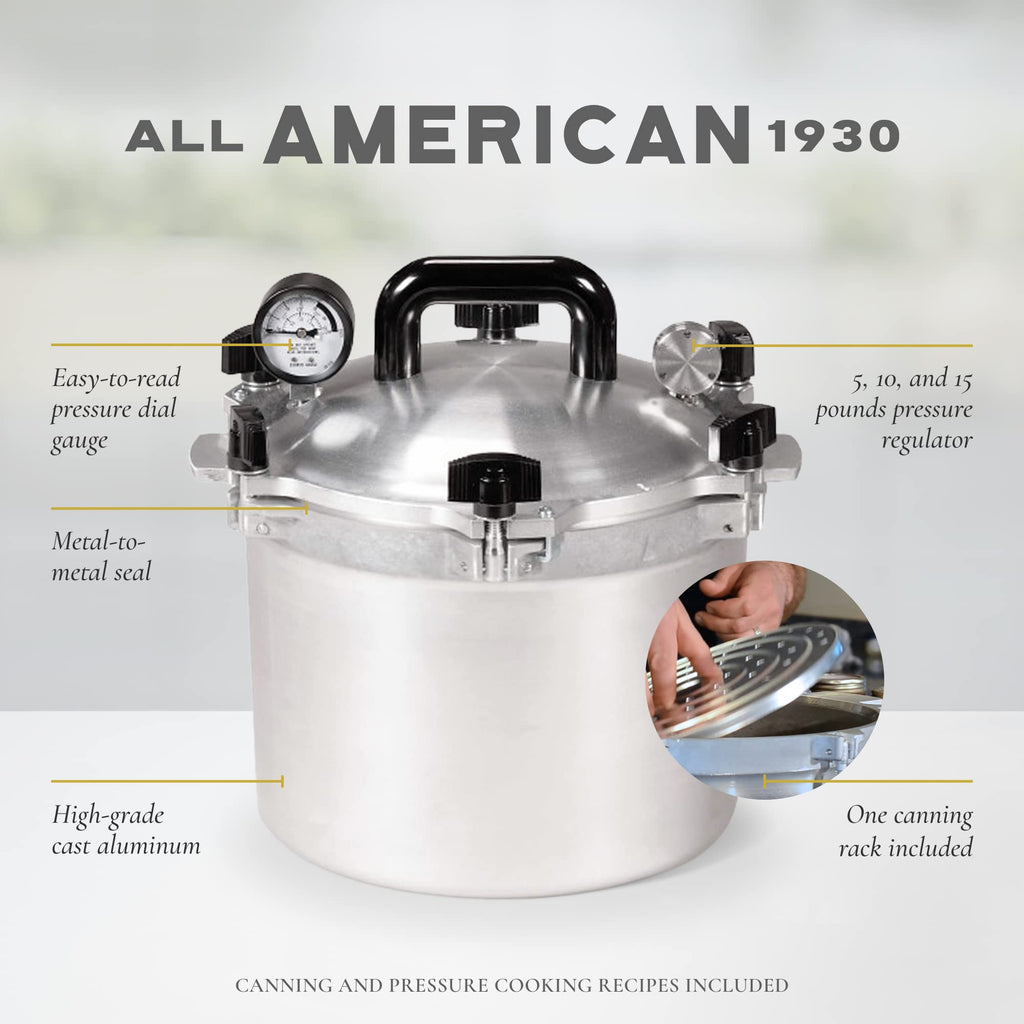 All American 1930: szybkowar/konserwator 10,5 qt (model 910) — ekskluzywny system uszczelniania metal-metal — łatwe otwieranie i zamykanie — nadaje się do kuchenek gazowych, elektrycznych i płaskich — wyprodukowano w USA