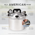 All American 1930: szybkowar/konserwator 10,5 qt (model 910) — ekskluzywny system uszczelniania metal-metal — łatwe otwieranie i zamykanie — nadaje się do kuchenek gazowych, elektrycznych i płaskich — wyprodukowano w USA