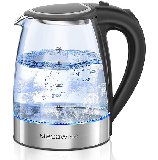 MegaWise Electric Kettle, 1.8L Borosilicate Glass Tea Kettle with LED Light, Auto Shut-Off and Boil-Dry Protection Cordless Kettle Fast Boiling