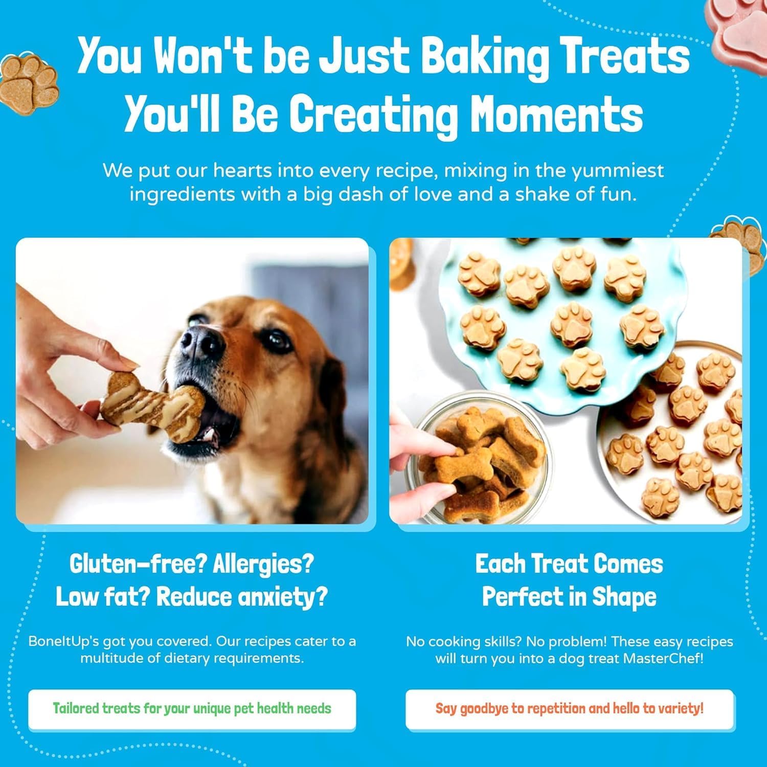 Homemade Dog Treats Set Silicone Molds Cookie Cutters with Healthy Vet Approved Recipes, Puppy Treats with Paws & Bones Food Grade Silicone Trays and for Candy and Dog Ice Cubs