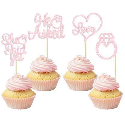 Gyufise He Asked She Said Yes Cupcake Toppers Gold Glitter Diamond Ring Heart Love Cake Picks for Wedding Engagement Party Cake Decorations 24 Pack
