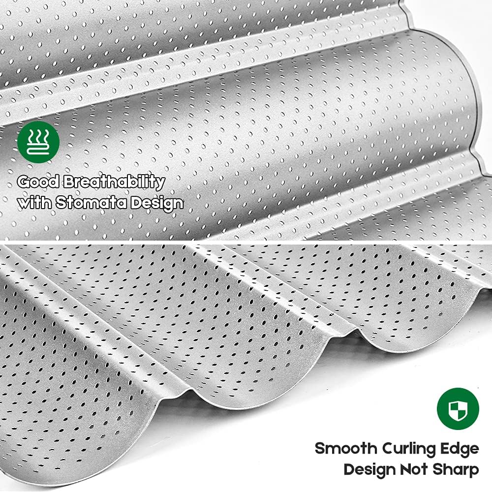 AMAGABELI GARDEN & HOME Baguette Bread Pan 15" x 13" Nonstick Perforated Baguette Tray French Bread Baking 4 Wave Loaf Bake Mold Toast Cooking Baker Molding Gutter Oven Toaster Dishwasher Safe Silver
