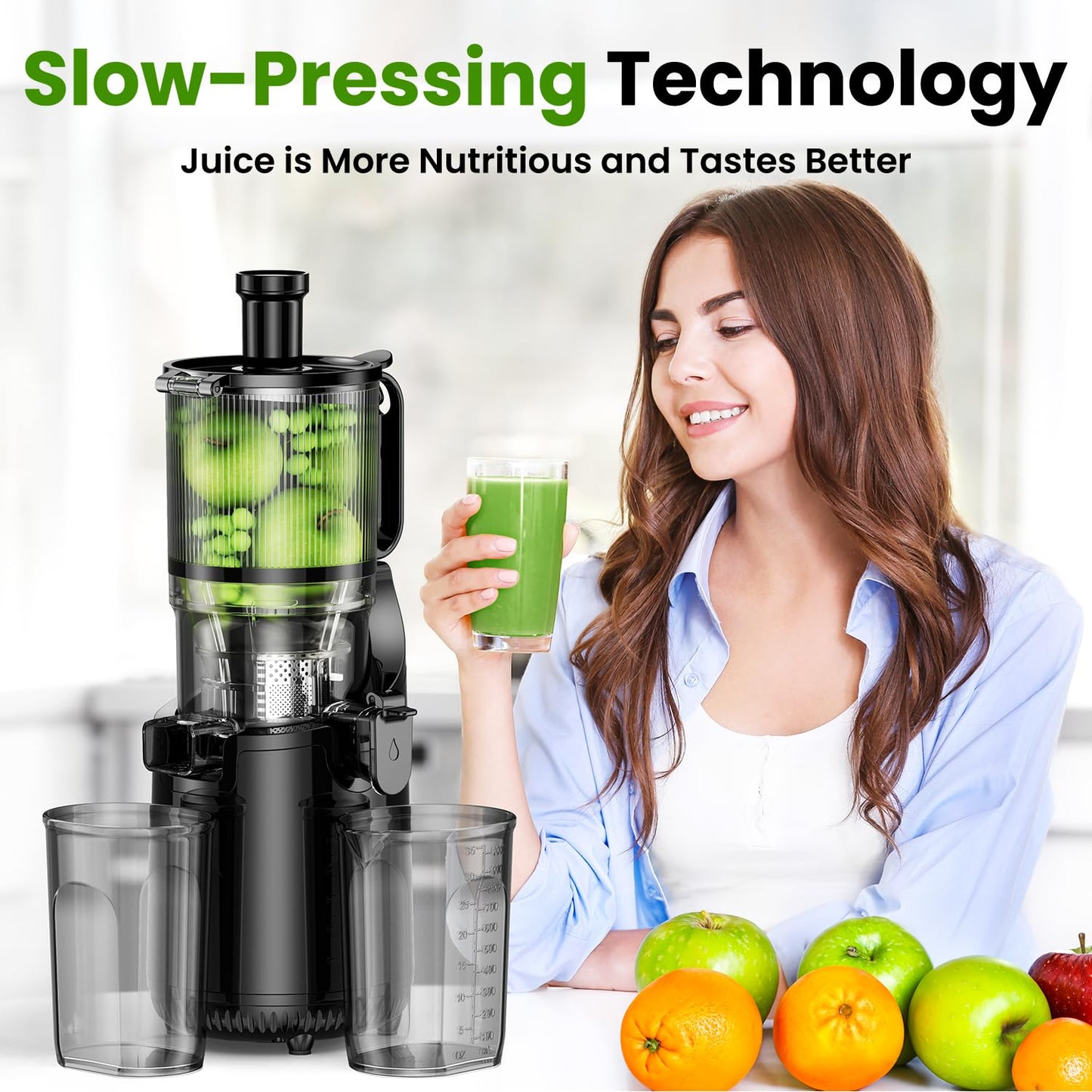 Cold Press Juicer, Amumu Slow Masticating Machines with 5.4" Extra Large Feed Chute Fit Whole Fruits & Vegetables Easy Clean Self Feeding Effortless for Batch Juicing, High Juice Yield, BPA Free 250W