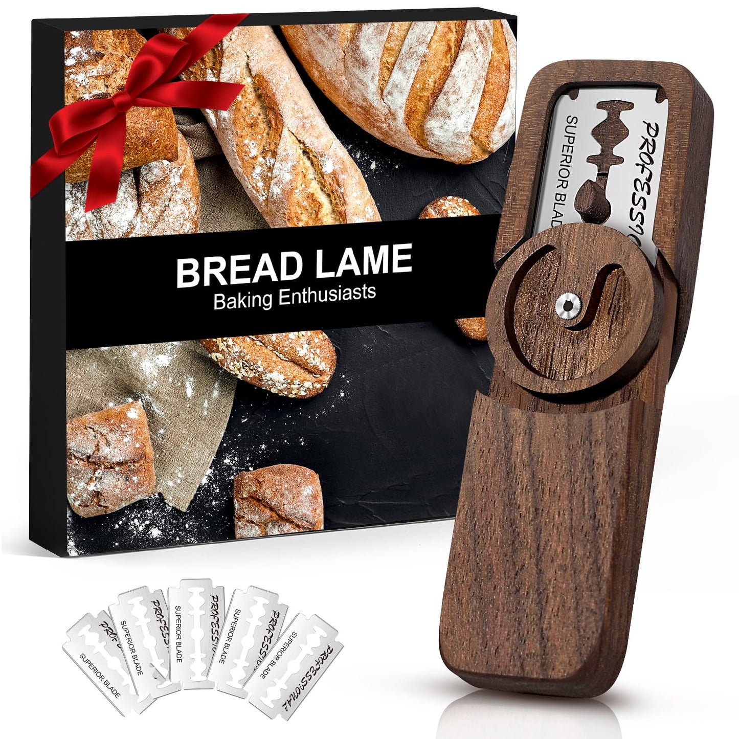 Innovative Magnetic Bread Lame Bread Scoring Tool,Bread Lame Cutter,Bread Scoring Knife for Bread Baking & Sourdough Baking,Bread Razor Tool with 5 Razor Blades-Black Walnut Wood