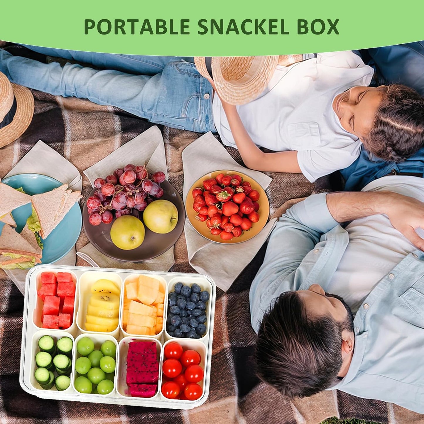 Divided Serving Tray with Lid and Handle - 8 Compartment Snackle Box Charcuterie Container，Portable Snack Box for Travel,Party,Picnic,Beach - Clear Food Organizer for Candy, Fruits, veggie, Snack